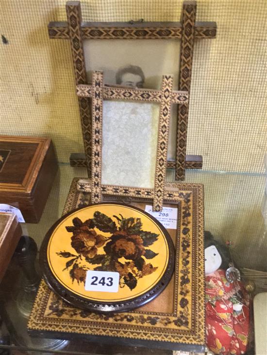 3 Tunbridge Ware mosaic photo frames and a basket centre